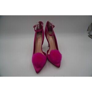 Nine West Lucky Girl pink Satin with Pom Pom Ankle Strap High Heel Pumps Sz 10M